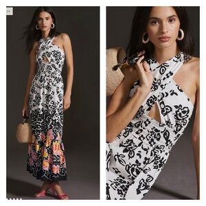 NWT PLENTY by TRACY REESE Anthropologie White Printed Halter Maxi Dress Small